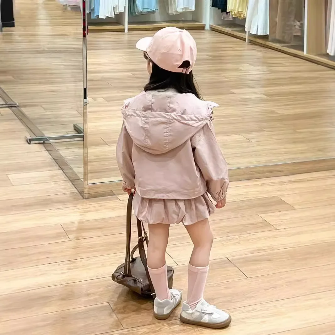 Girls Suits 2024 Autumn New Childrens Clothes Sweet and Cute Pink Bow Hooded Zipper Cardigan Flower Skirt Two-piece Set Casual