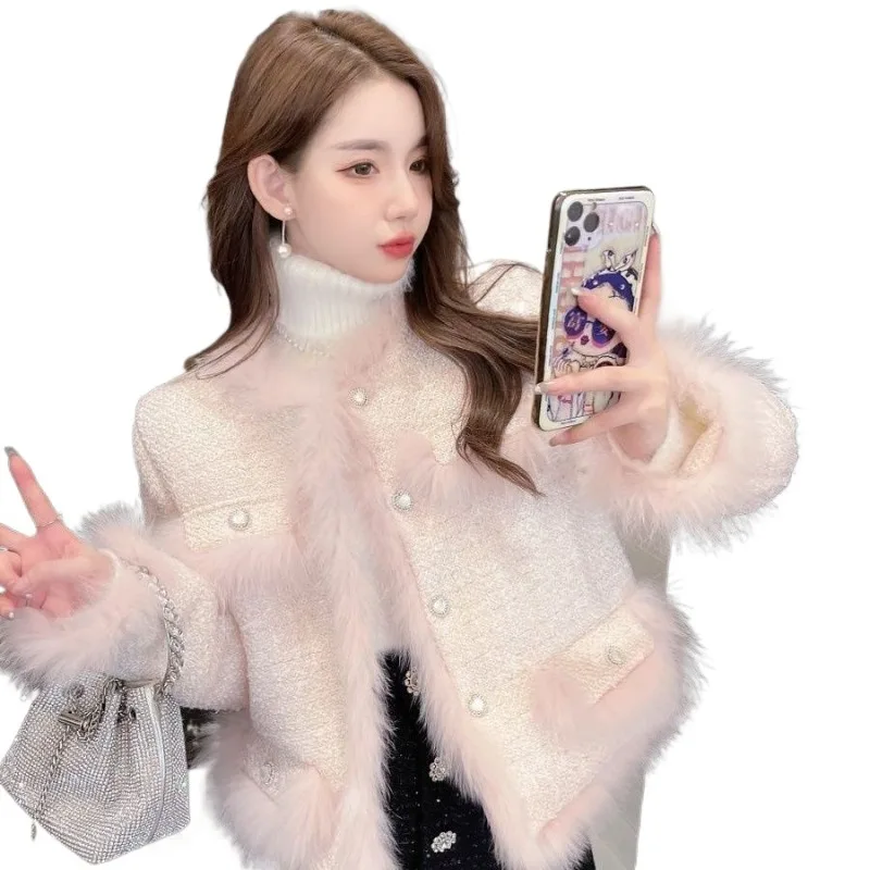 

Интернет-знаменитости, утолщенная пуховая подкладка, имитация лисьего волоса, мех норки, французское нежное популярное маленькое ароматное пуховое пальто 2026