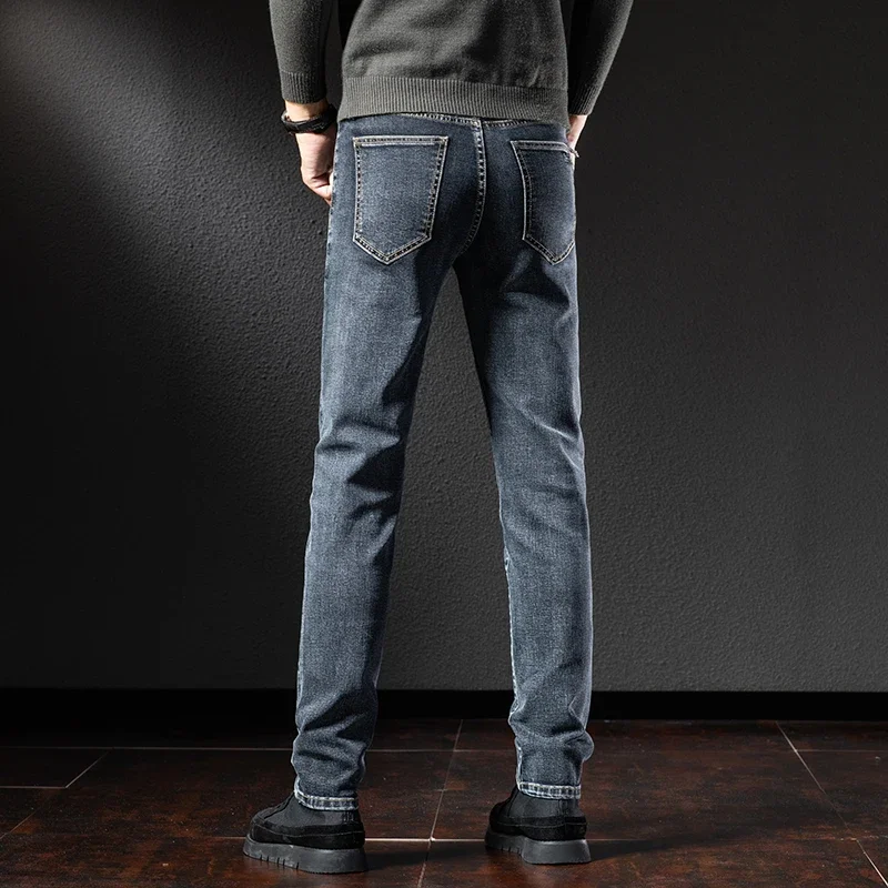 Jeans masculinos de algodão reto, jeans simples e casual, com ajuste regular, adequado para jovens, cinza e azul, novo em marca, 2023