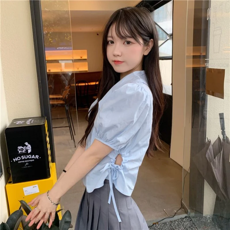 Bandage Shirts Women Hollow Out Slim Hotsweet Solid All-match Summer Students Puff Sleeve Fashion Ulzzang Personality Classic