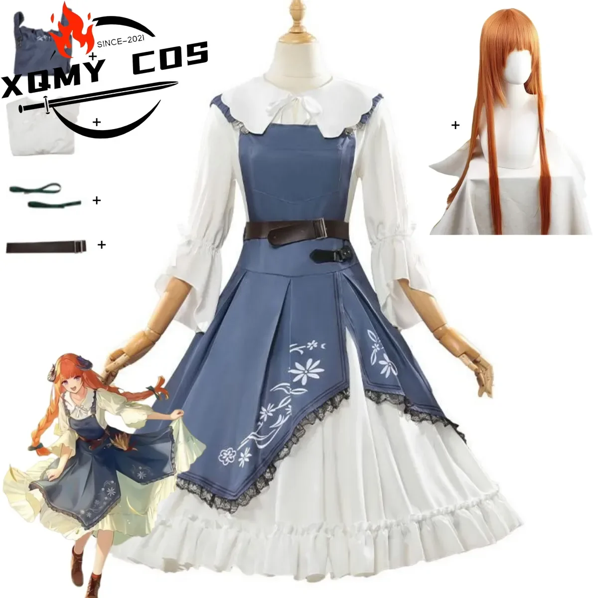 

XqGame Arknights Bagpipe Cosplay Costume White Long Sleeves Shirt Dress Princess Skirt Wig Adult Woman Cute Carnival Party Suit