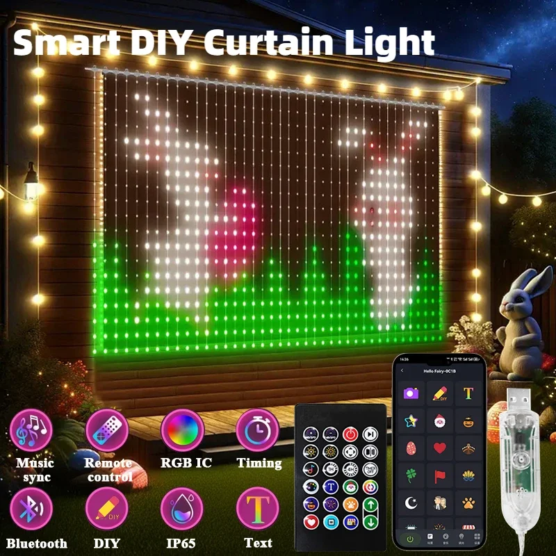 

400LEDs Smart Curtain Lights Bluetooth App LED String RGB Fairy Lights DIY Music Change Display for Window Bedroom Decoration