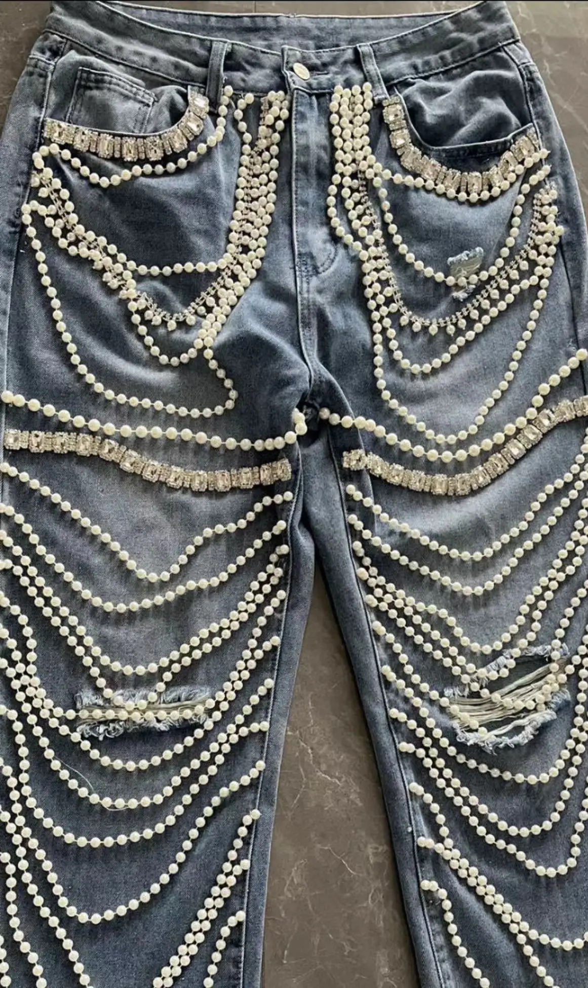 Beachapche  New Fashion Big Hole Rhinestone Chain Pearls Street Jeans  Female Washing Denim Trousers Women Vintage Pocket Straig