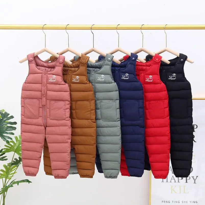 

Children Winter Down Overalls Girls Boys Fashion Casual Warm Thick Pants 0-5 Years Old Kids Button Zipper Jumpsuit