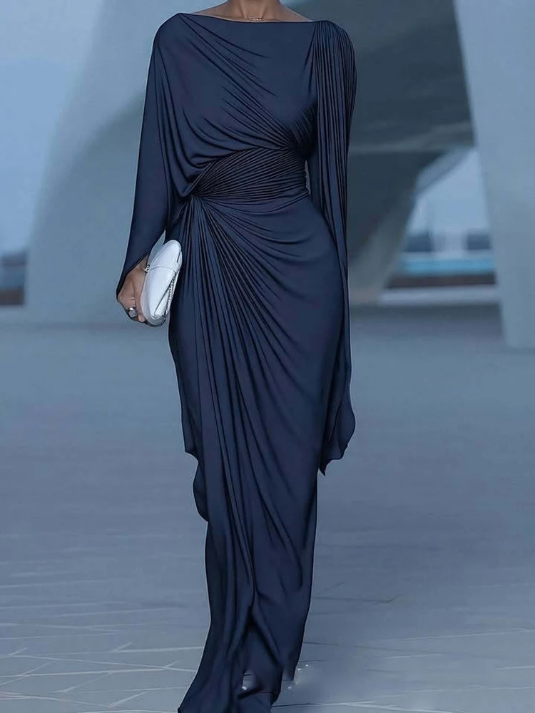 2026 Dames Elegante Hoge Taille Effen Kleur Avondjurk Sexy Spaghettiband Lange Mouw Geplooide Slim Fit Onregelmatige Zoom Formele Banketjurk