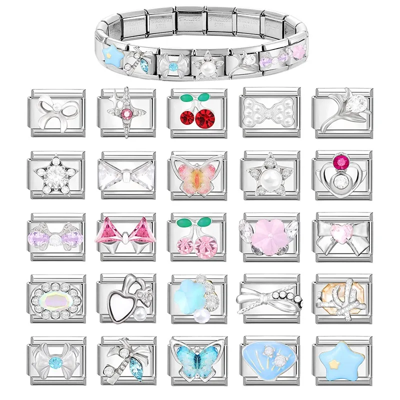 Bright Zircon Multielement Stars Shell ButterflyItalian Charm Links Fit 9mm Stainless Steel Bracelet Women Jewelry DIY Making