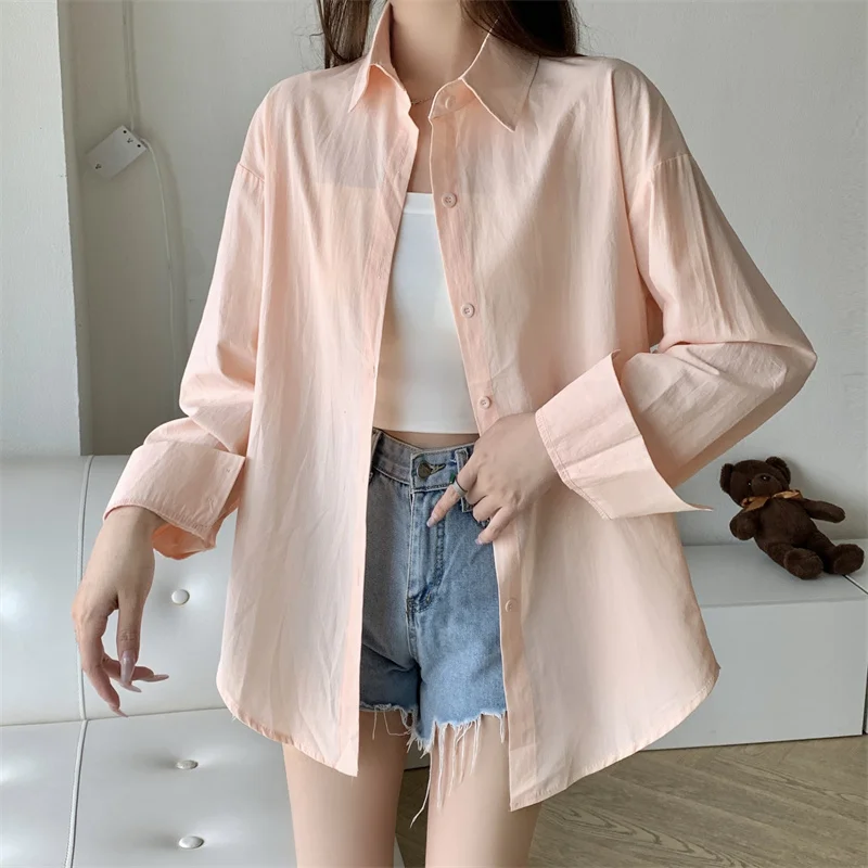 Women Summer Office Lady Fashion Loose Solid Color All-match Polo-Neck Long Sleeve Shirts Ladies Casual Appear Thin Trend Tops