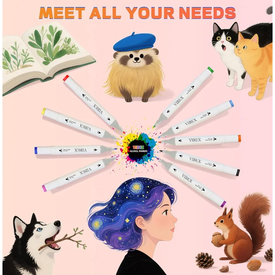علامات كحول VIBEX 80 لونًا - علامات فنية دائمة ذات طرف مزدوج مع قاعدة منظمة لرسم تلوين الرسوم المتحركة النابضة بالحياة مثالية f