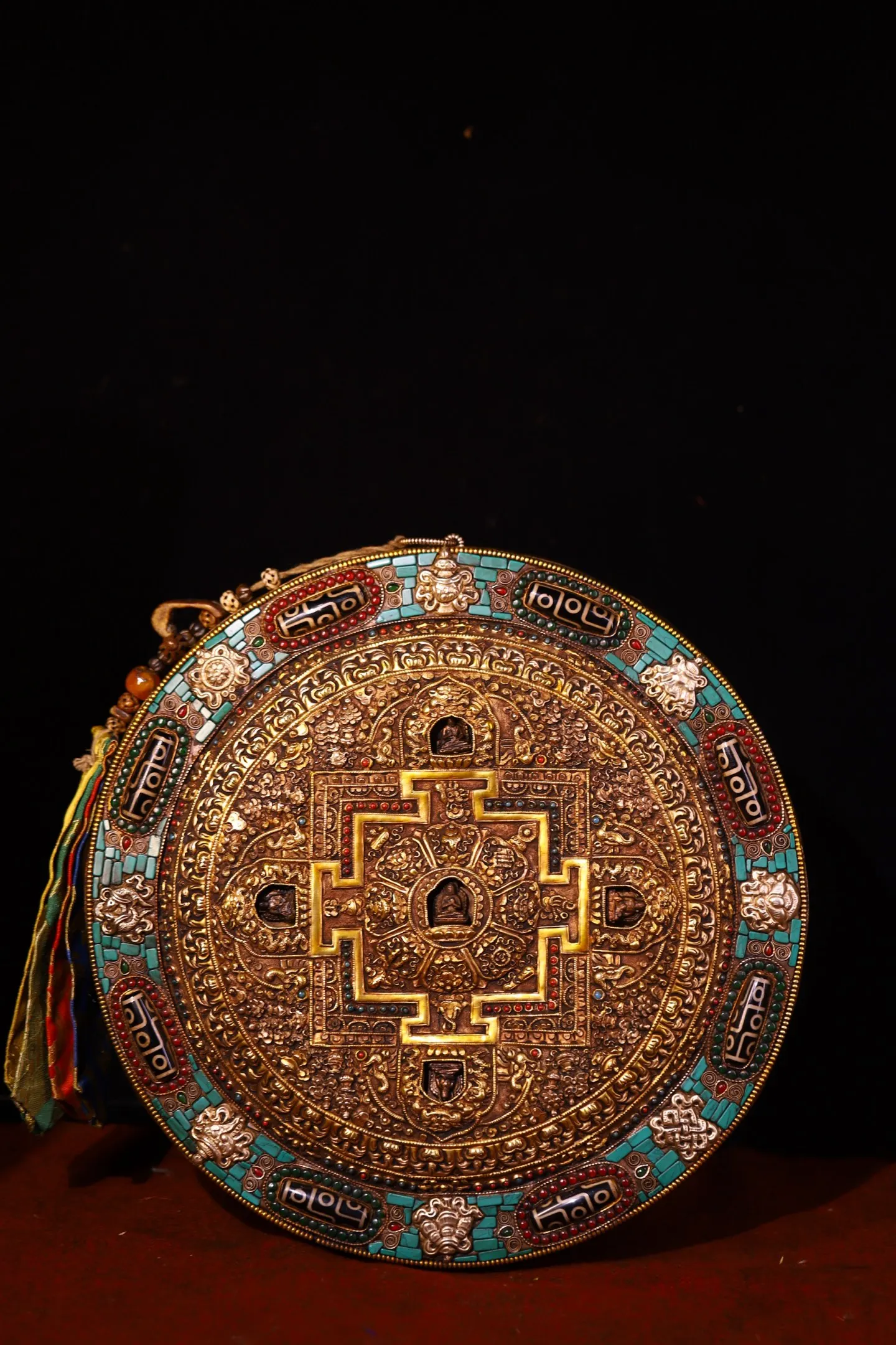 Old Tibetan silver gilded filigree Mosaic Gem gZi Beads Turquoise Lucky Eight Treasures Buddhist Niche Thangka hanging screen