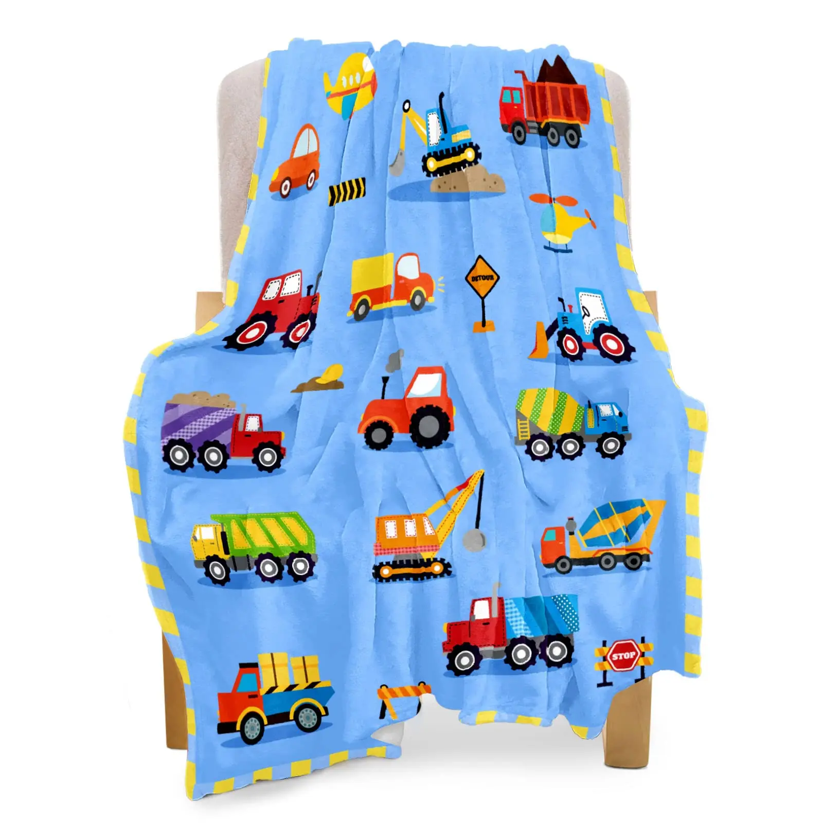 Construction Blanket，Cute Soft Small Truck Car Blankets Comfy Fleece Flannel Plush Blue Throw Blankets Gifts