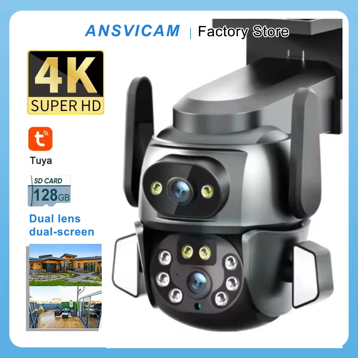 4K 8MP WIFI Camera TUYA APP Dual Screen Cam Binocular AI Body Automatic Tracking CCTV Alexa Security Intelligent IP66 Monitoring