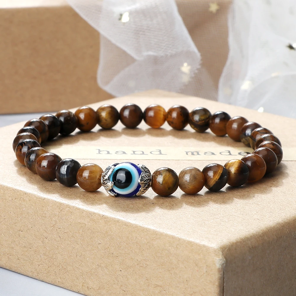 Fashion Turkish Blue Evil Eye Bracelets For Women Men 6mm Tiger Eye Lava Stone Onyx Beads Bracelet Elastic Rope Jewelry Pulseras