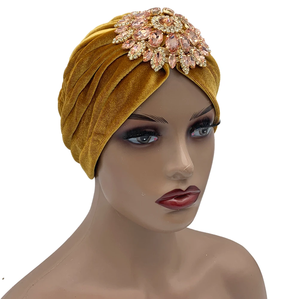 Luxury Rhinestone Pleated Turban Hat for Women Soft Velvet Headwrap Bonnet India Cap Muslim Under Hijab Cap Turbante Mujer