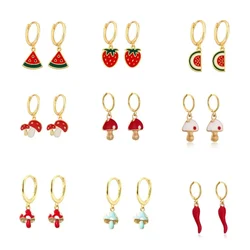 Cute Enamel Color Mushroom Chili Watermelon Strawberry Dangle Huggies Drop For Women Charming Earring Jewellery 2025