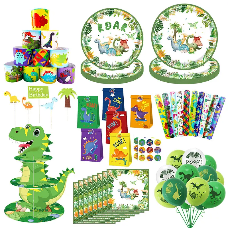 Decoración de Cumpleaños de Dinosaurios, Vajilla Desechable, Platos, Vasos, Servilletas, Artículos para Fiestas de Dinosaurios, Globos, Pancarta, Bolsas de Papel