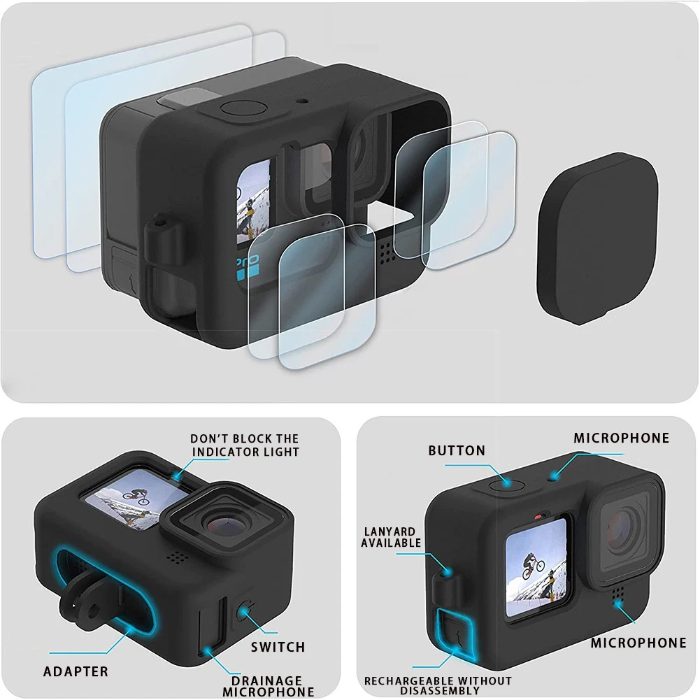 Coque en silicone pour Gopro fore13 12 11, couvercle de batterie, protecteurs d'écran en verre du Guatemala, capuchon d'objectif pour Go pro 12 13, kit d'accessoires