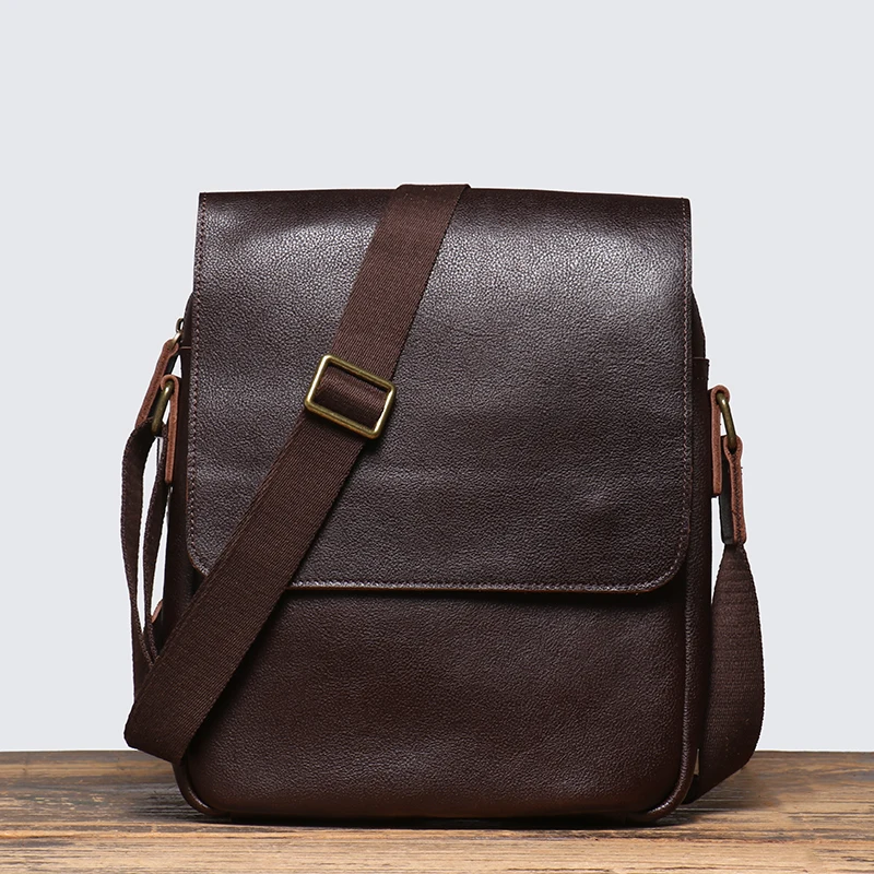 Men's Leather Shoulder Sling Bags Vintage Fashion Satchel Bag Vegetable Tanned Leather Crossbody 9.7 inch Mini iPad Leathfocus