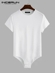 Incerun Mannen Bodysuit Effen Kleur Pyjama Sexy 2023 Ademend Korte Mouwen O-hals Rompertjes Ondergoed Fitness Mannen Bodysuits S-5XL