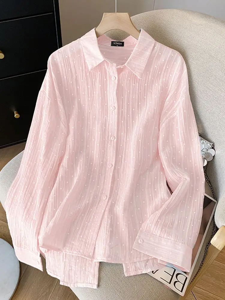 

Плюс размер 5XL VONDA 2025 Женские модные рубашки Туники с длинным рукавом Повседневные свободные топы Однотонные блузки в корейском стиле с лацканами на шее