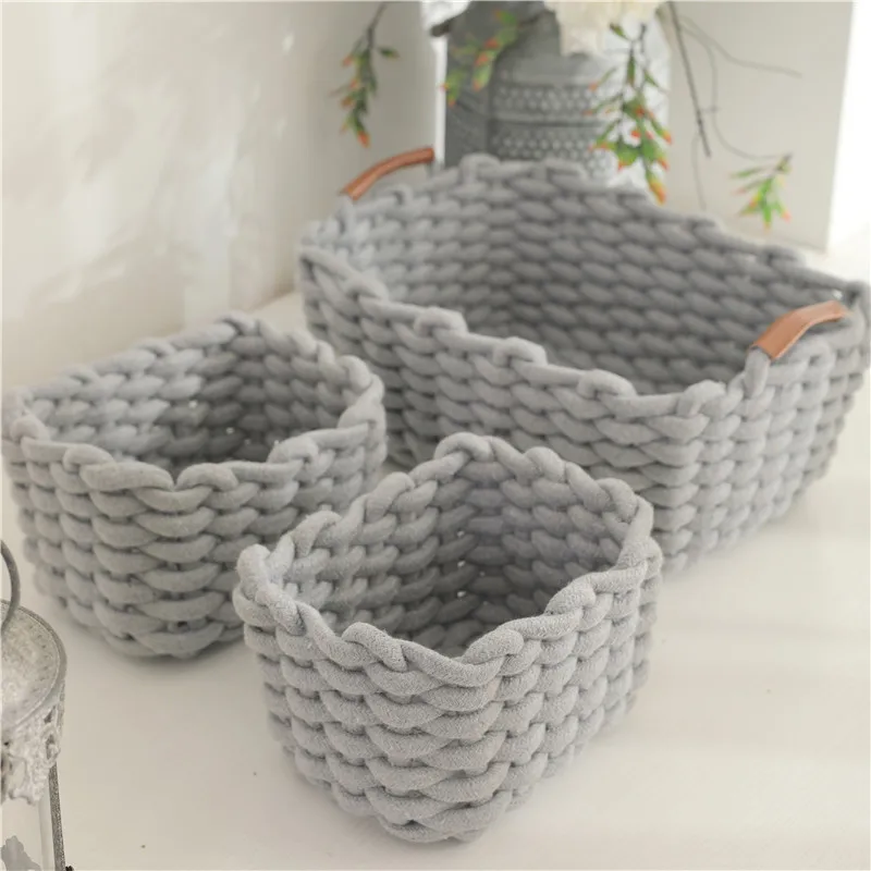 Cotton Rope Woven Storage Basket with Handle Sundries Cosmetic Storage Box Toys Snack Desktop Makeup Organizer Cotton Baskets