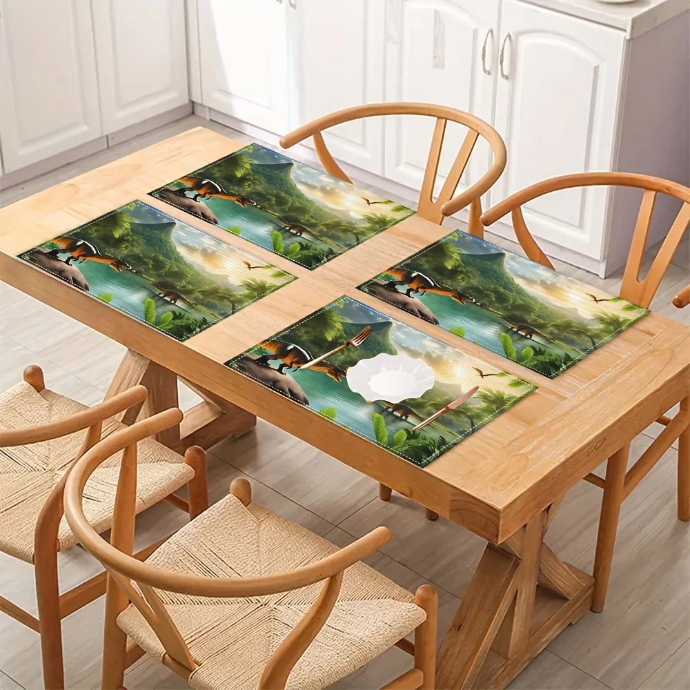 Set of 4 Lake Forest Dinosaur Landscape Prehistoric Scene Placemat Linen Kids Table Mat for Fun Dining