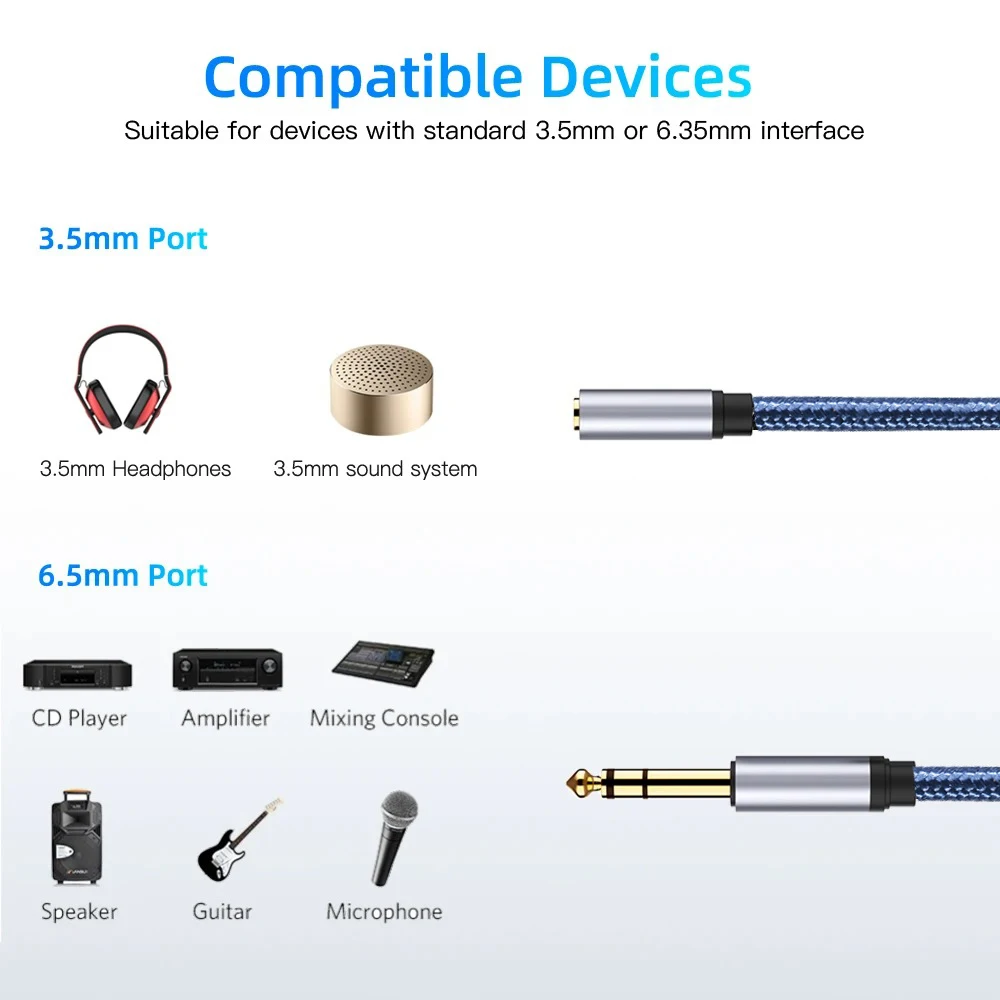 3.5mm Stereo to 6.35mm TRS Headphone Jack Adapter Male to Female 6.35 to 3.5 Aux Audio Cable for Guitar Amplifier Speaker Mixer