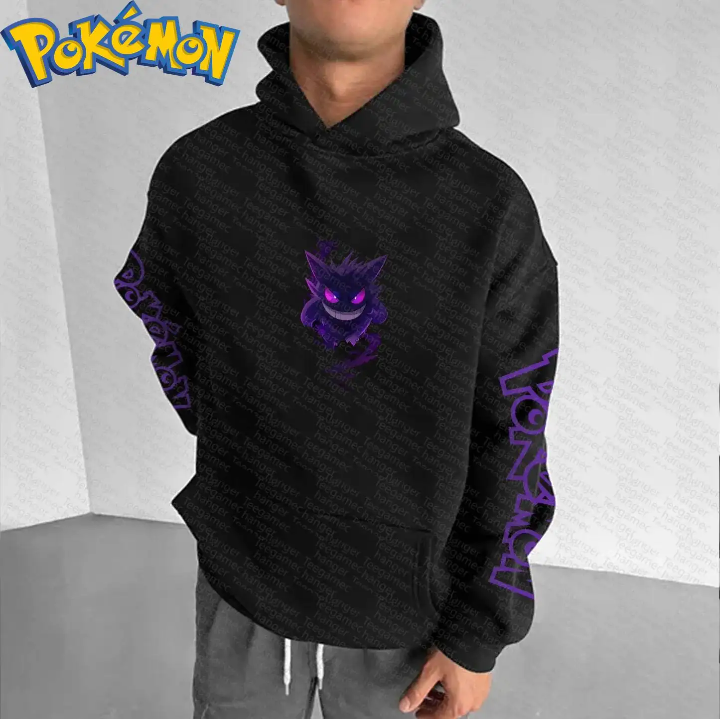 Pokemon Anime Gengar Baumwolle Hoodie Harajuku Hosen Set Schwarz Lila Geistermuster mit leuchtenden Augen Scharfe Zähne Design Zweiteiler