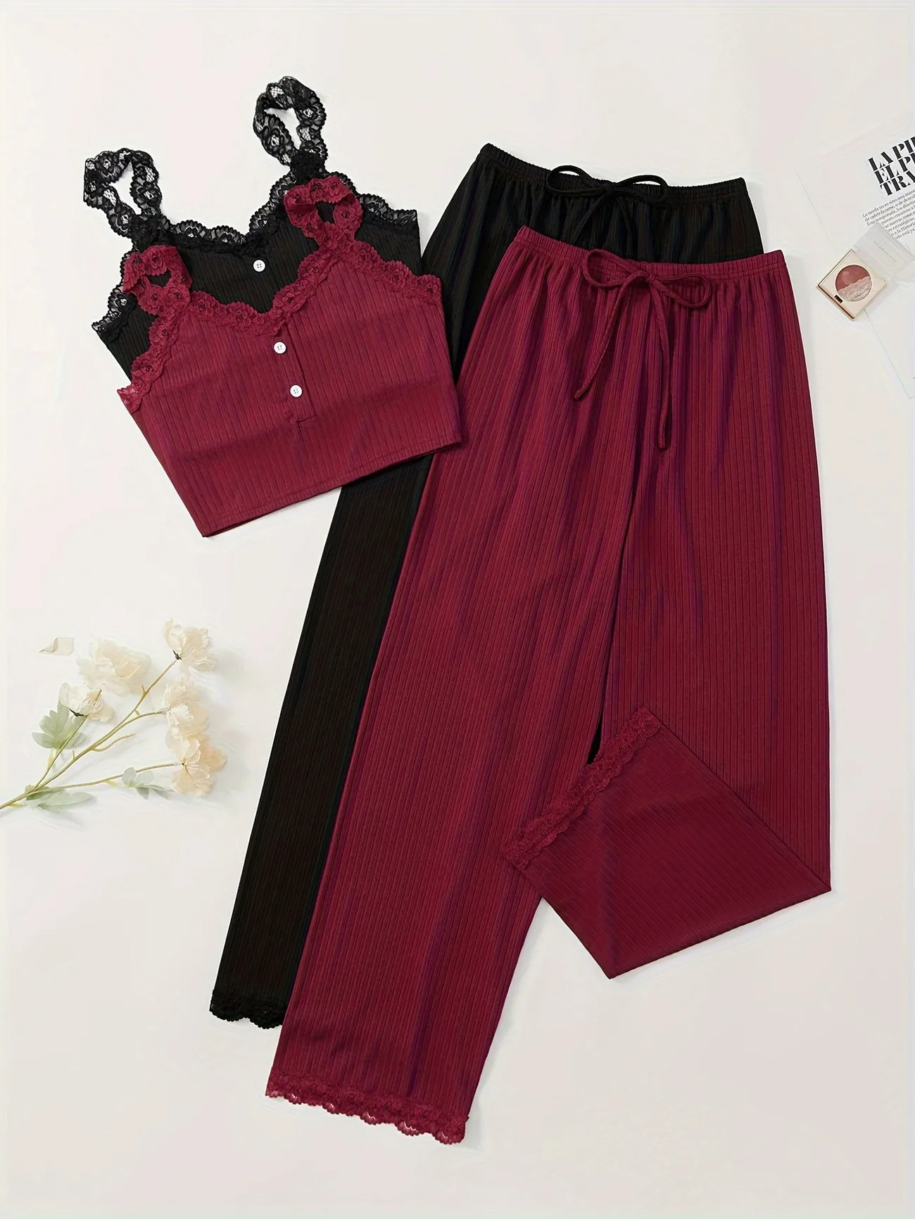 

Women’s Ribbed Pajama Set, Lace Trim Camisole Top and Long Pants, Soft Sleeveless Lounge Sleepwear 2 Piece Set