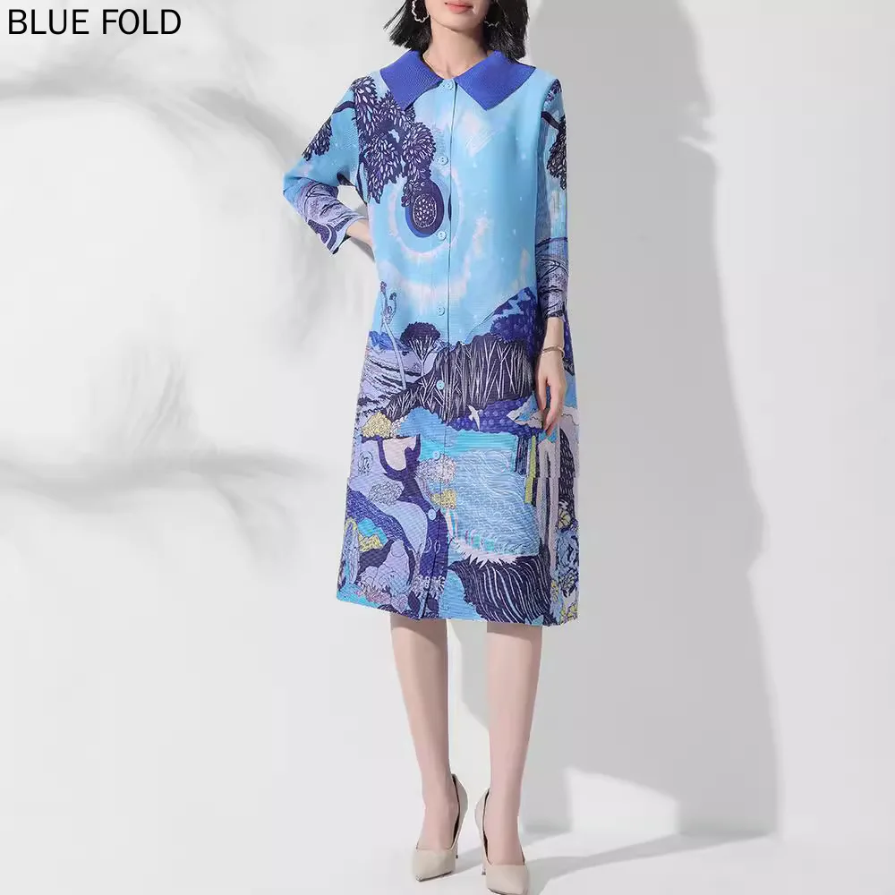 

MIYAKE Pleated Autumn New Women's Printed Lapel Cardigan Single-breasted Loose Large-size Stretch Dress PLEATS Vestido Robe