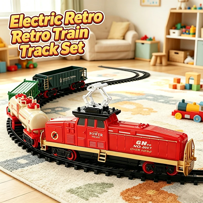 

Retro Electric Railway Track Train With Lights Sound Simulated Trains with Container Model Diy Assembly Vehicle Set Childre Gift