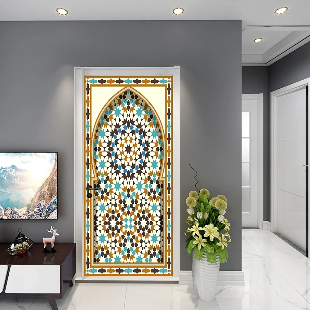 Islamic Ornament Muslim 3D Realistic Door Wallpaper Self-adhesive Abstract Art Mural Door Stickers Decoration Removable