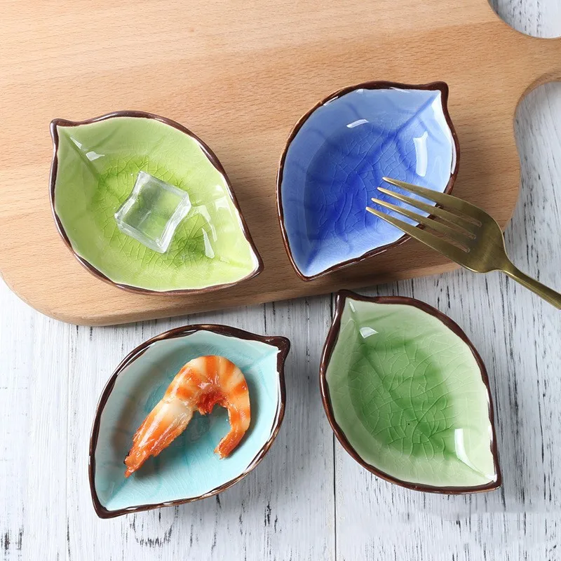 Tree Leaf Sauce Dish Mini Ceramic Plate Ice Crack Glazed Plate