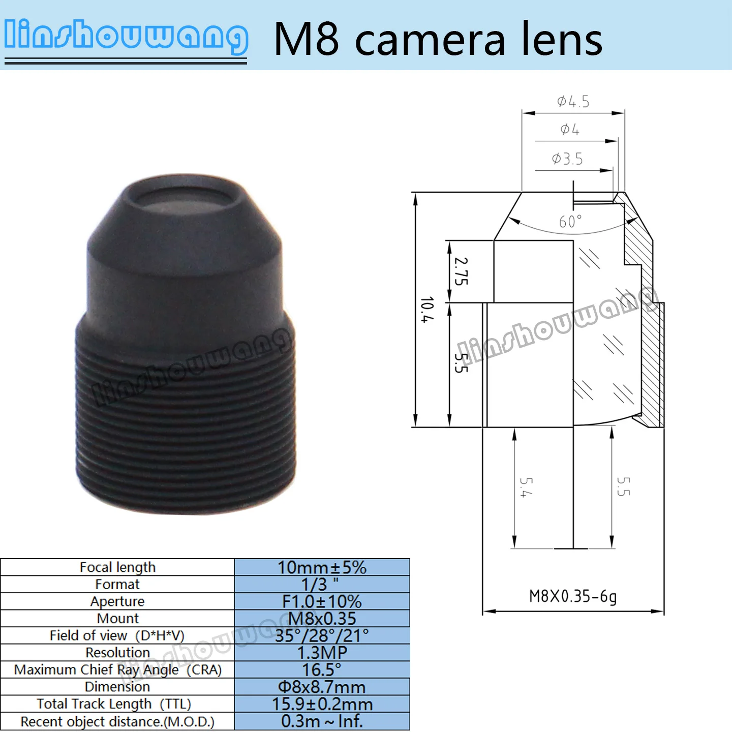 

Объектив M8 10 мм, 2 миллиона пикселей, 1/3 дюйма, F1.0, оснащенный инфракрасным фильтром 650 нм, подходит для мини-камер, аксессуаров для мини-камер, объективов для систем видеонаблюдения.
