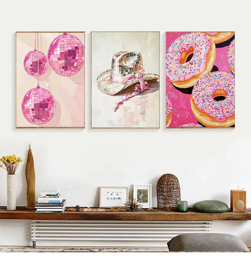 Pink Style Art Poster Cowgirl Hat Disco Ball Dessert Trendy Travel Bow Canvas Painting Wall Prints Picture Dorm Home Decor