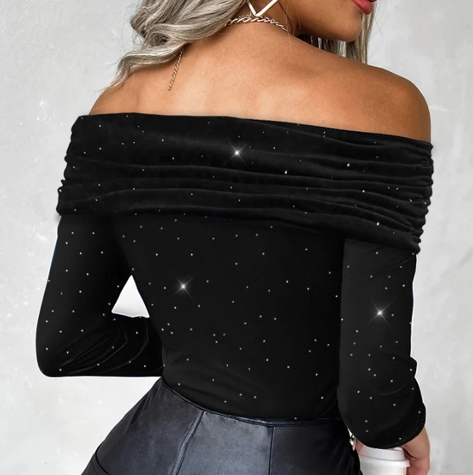 

New Product In Stock: Fashion Off Shoulder Long Sleeved Rhinestone Monochrome Casual Slim Fit T-Shirt Y2K Clothing for Women