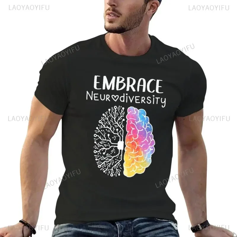 Funny Neurodiversity Embrace Cotton  T-ShirtADHD Autism ASD Rainbow Brain Y2k Short Sleeve Cute Clothes Clothes for Woman