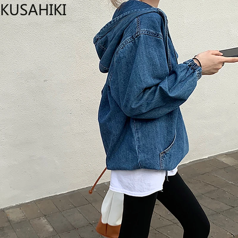 KUSAHIKI Jeans Hooded Sweatshirt 2023 Autumn Causal Long Sleeve Women Hoody Korean Drawstring Pocket Demin Hoodie Jumper 6C511