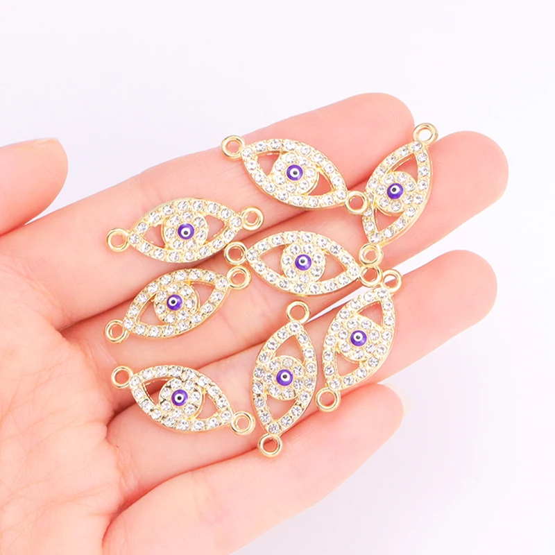 10Pcs 10*25mm Alloy Zirconia Double Hole Connector Enamel Turkish Blue Evil Eye Pendant For DIY Bracelet Necklace Charms Jewelry