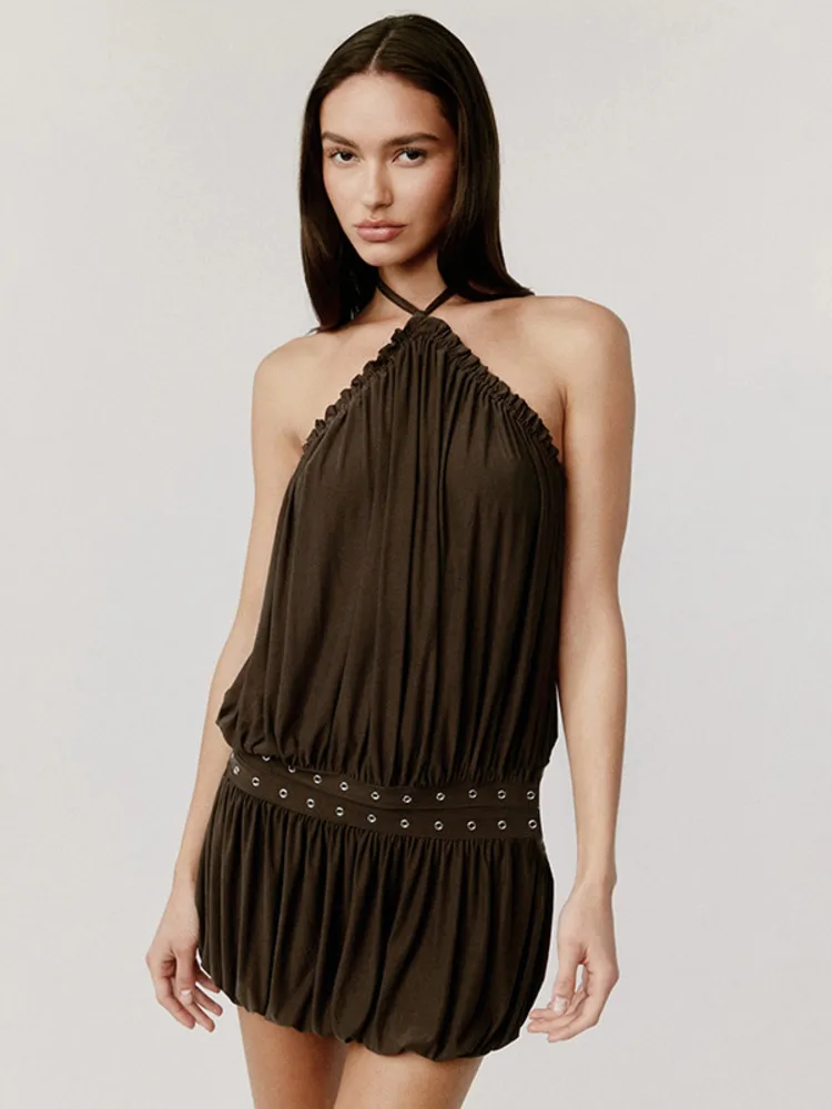 

Mozision Halter Backless Pleated Sexy Mini Dress Women Fashion Off-shoulder Sleeveless High Waist Ruched Club Party Dresses