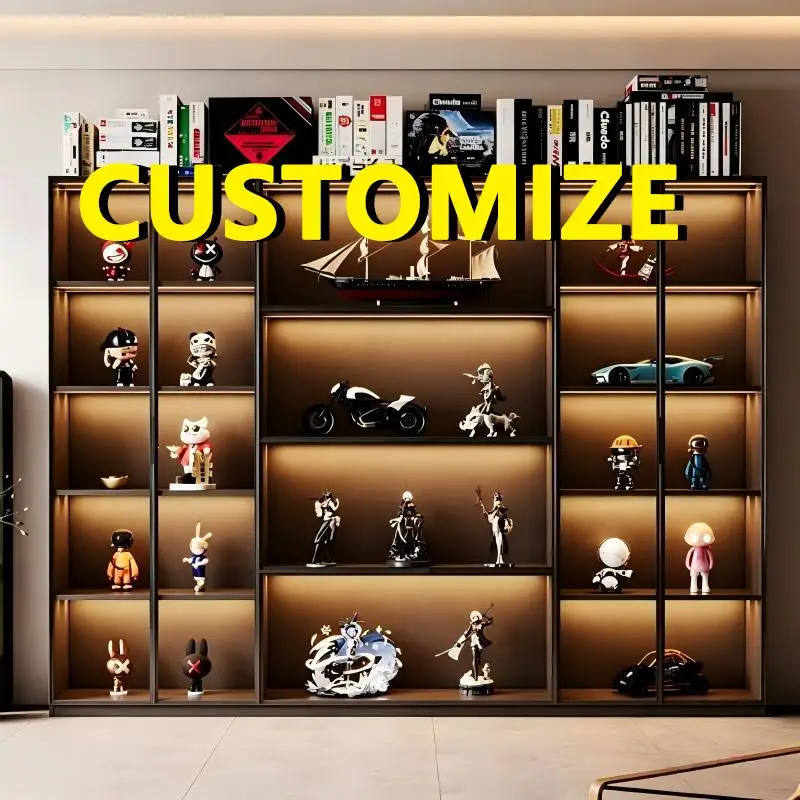 Any Size Custom Anime Figure Display Case Tempered Glass Door LED Light Large Capacity Aluminum Frame Dust Living Room Storage