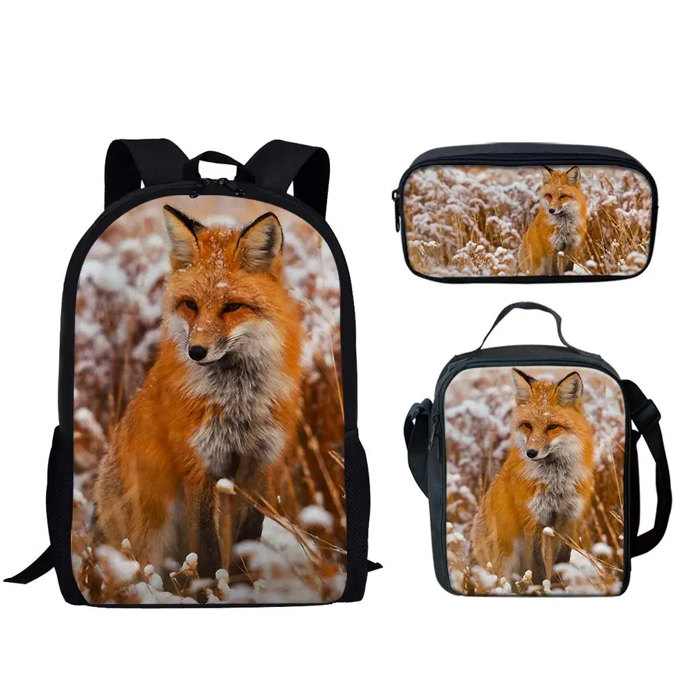 Keren lucu Fox 3 buah/Set ransel 3D gambar hewan tas buku siswa sekolah Anime Laptop tas harian Remaja tas selempang kotak pensil