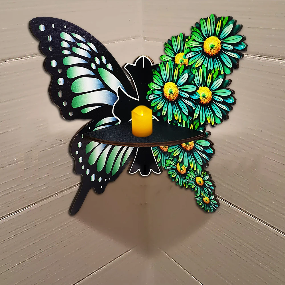 1pc，Wooden Color Sunflower Butterfly Straight Corner Hollow Creative Shape Storage Decorative Wall Shelf