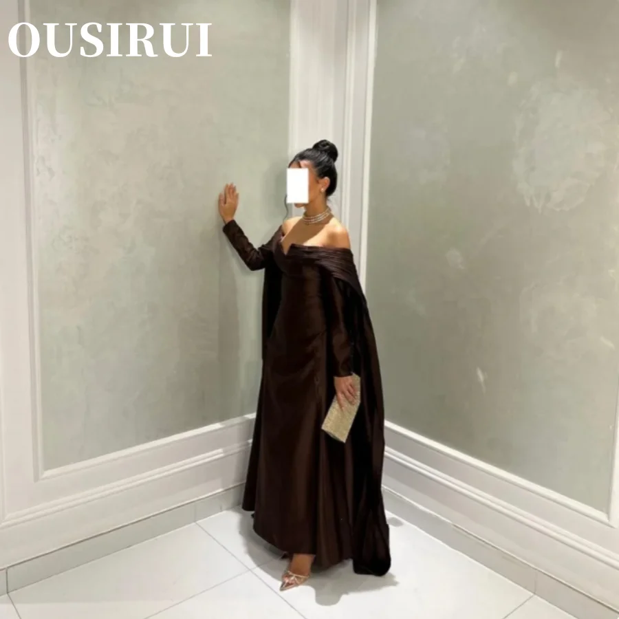 Saudi Arabric Sleeves Off The Shoulder Prom Dresses Long Sleeves Brown Elegant Evening Dresses Prom Gown Formal Party Gown