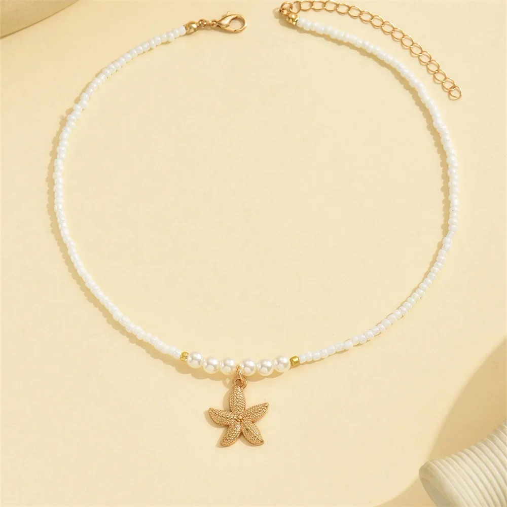 1pc Handmade Starfish Pendant Necklace With Faux Pearl Beads, Ocean Theme Jewelry For Women To Wear Daily