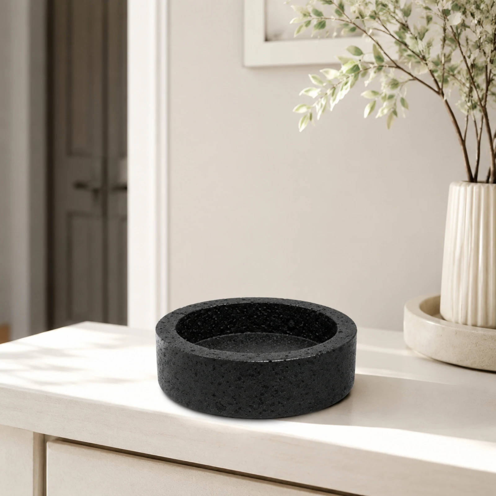 Composite Planter with Speckled Finish Textured Low Cylindrical Planter Compact Sturdy for Shelves, Entry Tables