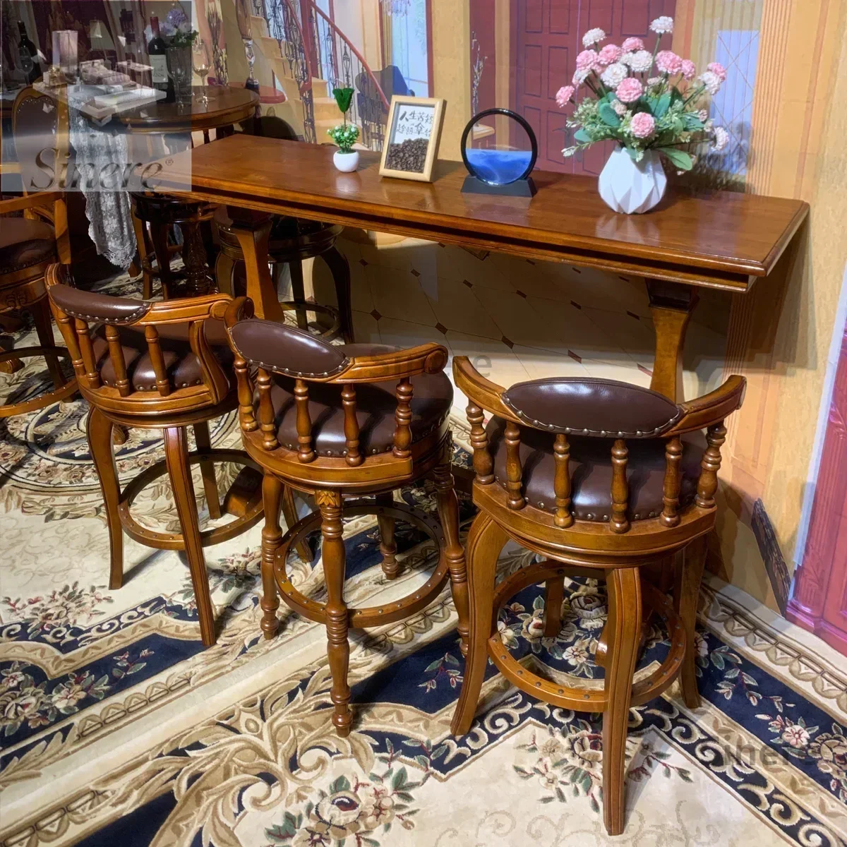 Mesa de bar murale en bois massif, chaise haute, salón, maison, americano, européen