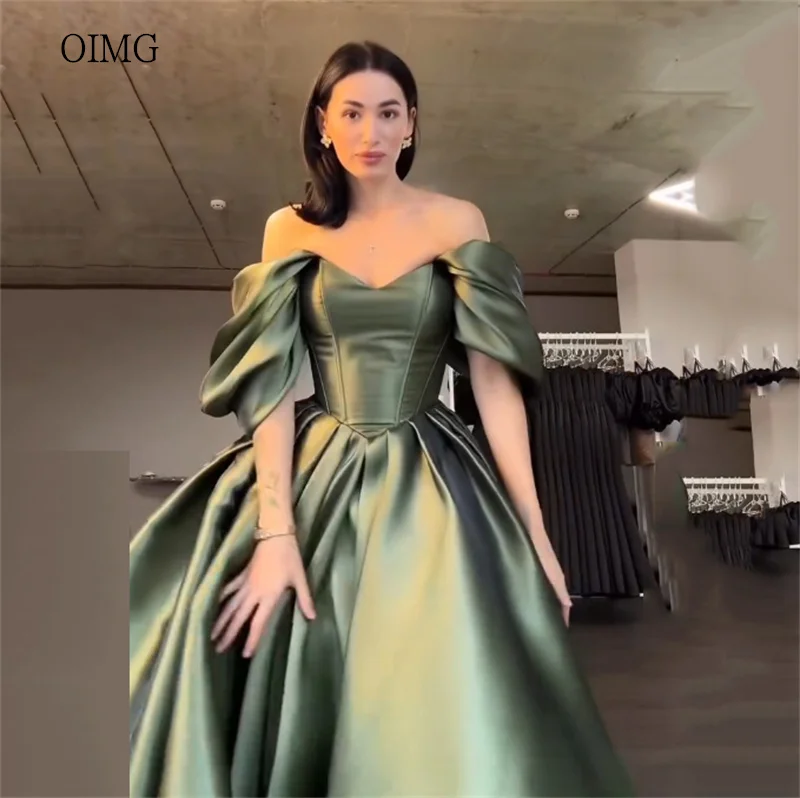 

OIMG Green Satin Off The Shoulder A Line Prom Gowns V Neck Party Gown Floor Length Evening Dress vestidos de gala Customized