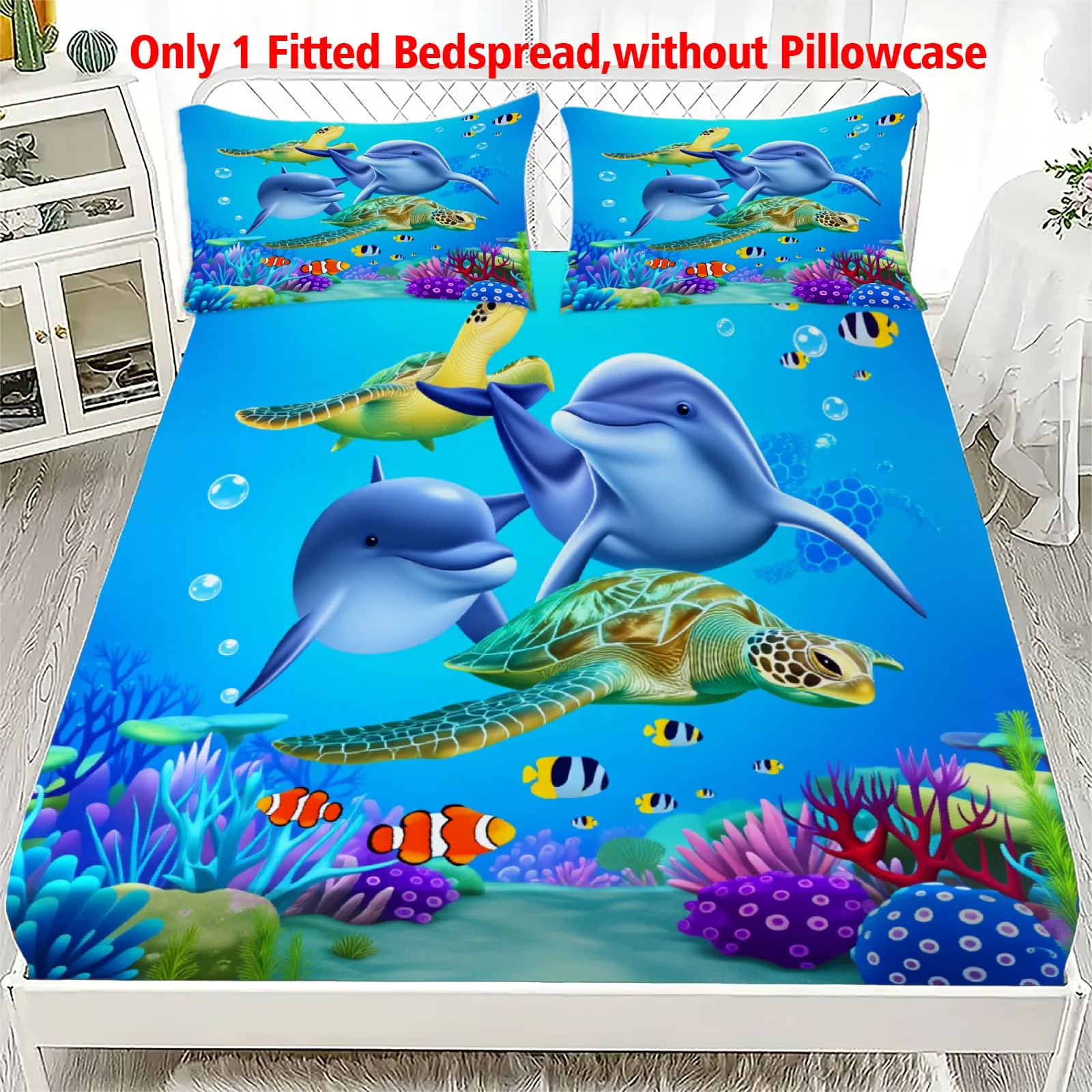 1pc 3D Dolphin & Sea Turtle Print Fitted Sheet Deep Pocket Elastic Mattress Cover Single Double Queen King Bedroom Decor