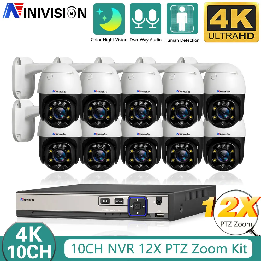 

10CH NVR Kit 4K PTZ 3.6mm 12X PTZ Zoom Camera System 8MP Ai Human Detect Color Night Two Way Audio Security IP Camera POE Kitche