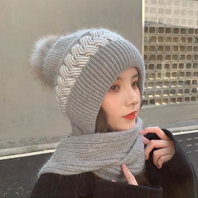 Winter knitted warm scarf hat padded and thickened ear protection one-piece hat windproof cold anti-freezing outdoor clothing